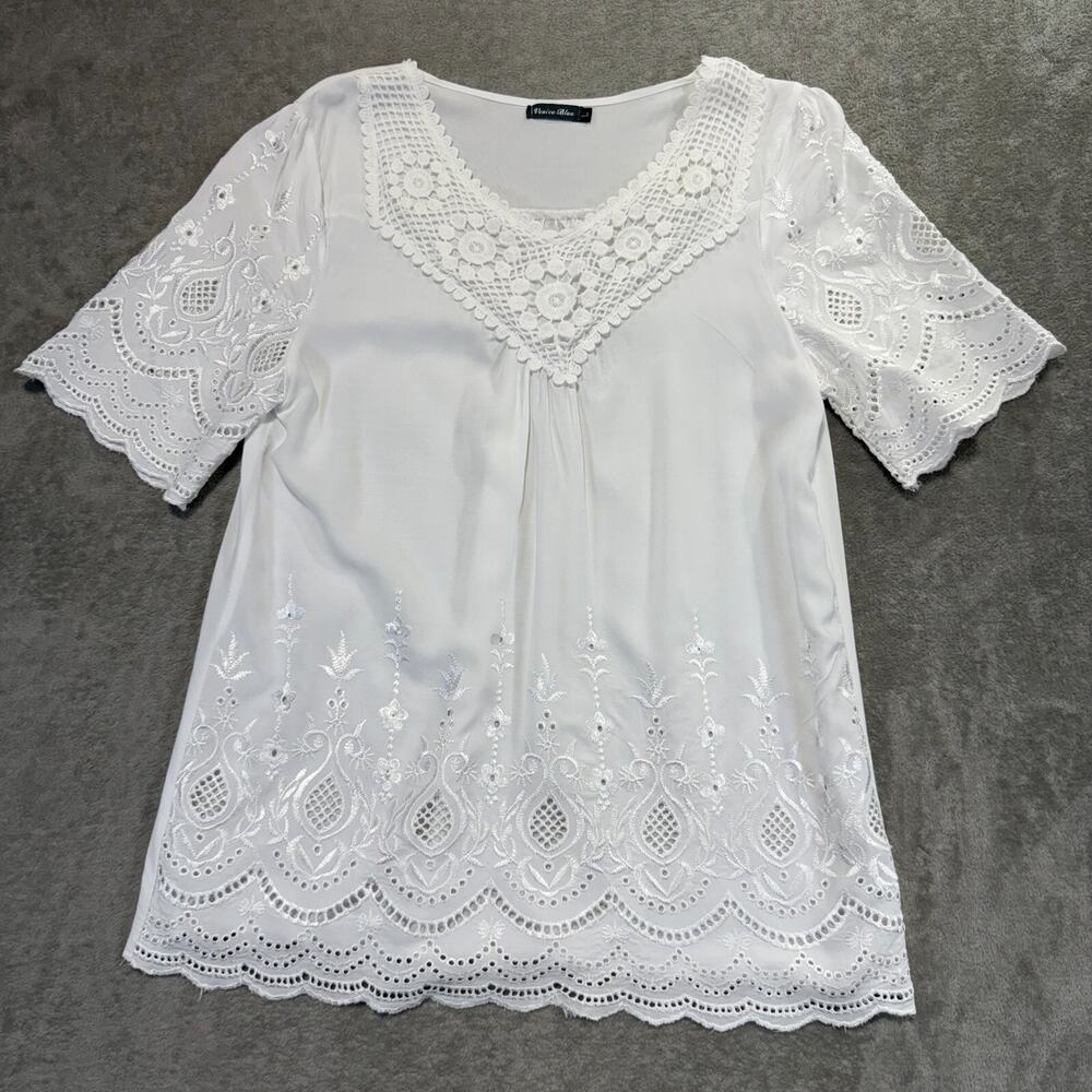 Venice Blue White Lace Blouse Womens Large Boho Cottagecore Peasant Hippie